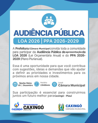 Audiência Pública deverá discutir LOA 2026 e PPA 2026 - 2029 nesta sexta(05)