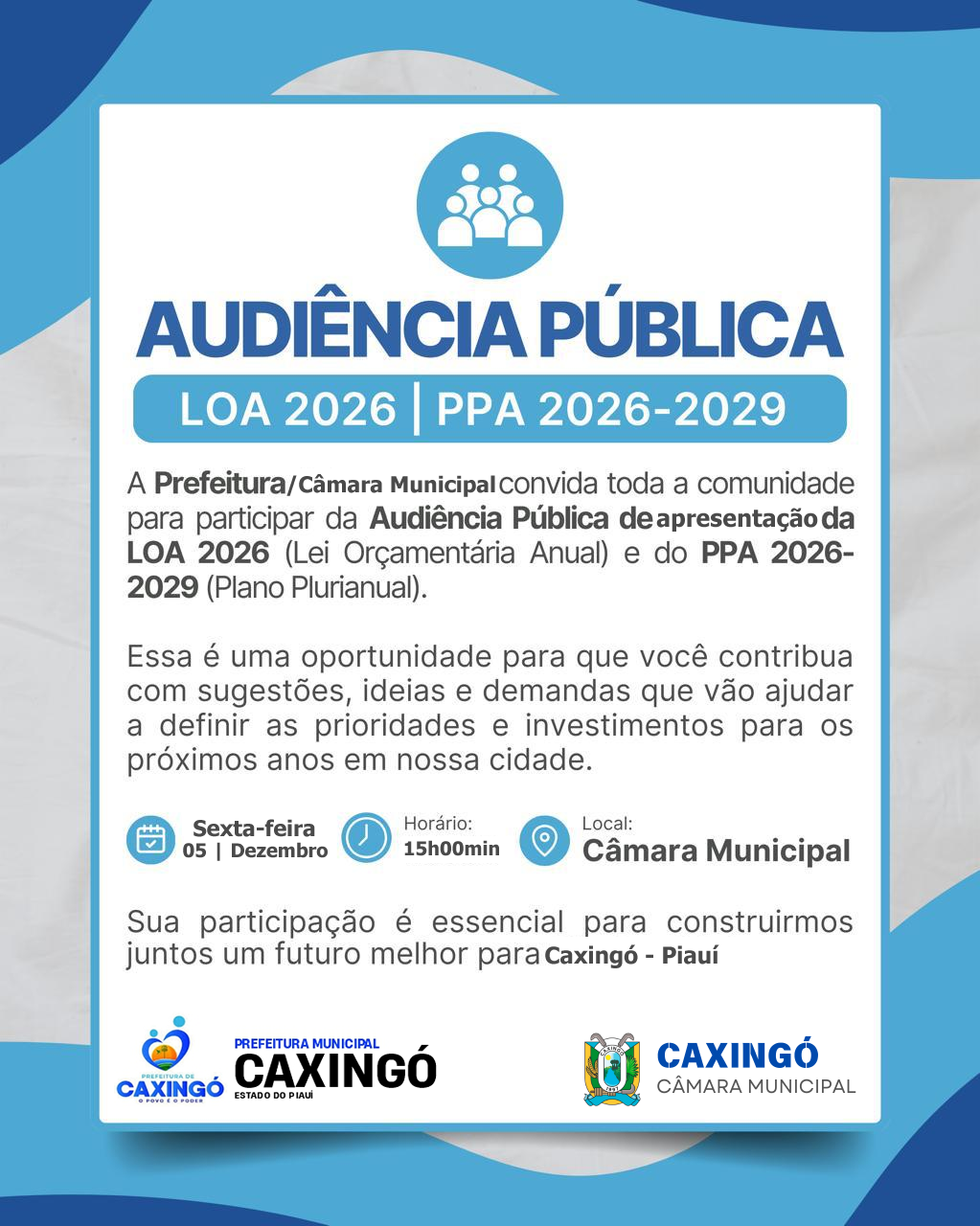 Audiência Pública deverá discutir LOA 2026 e PPA 2026 - 2029 nesta sexta(05)